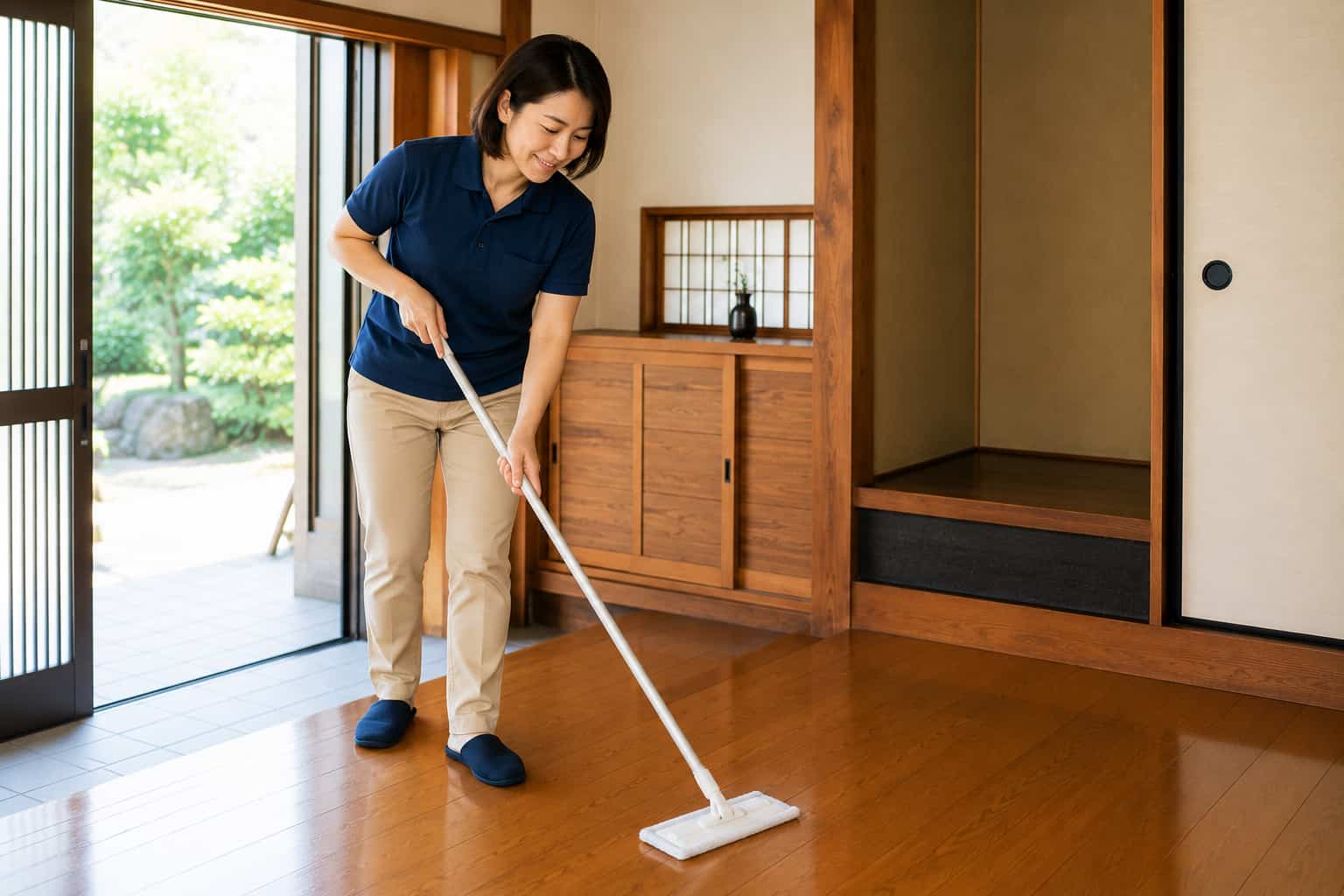 担当スタッフが竹箒で庭を清掃し、郵便ポストを確認している様子