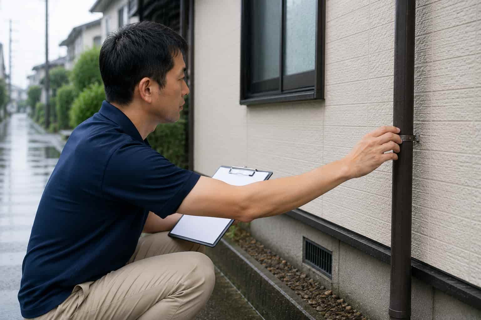 担当スタッフが台風後の日本家屋の屋根や外壁の被害状況を点検している様子